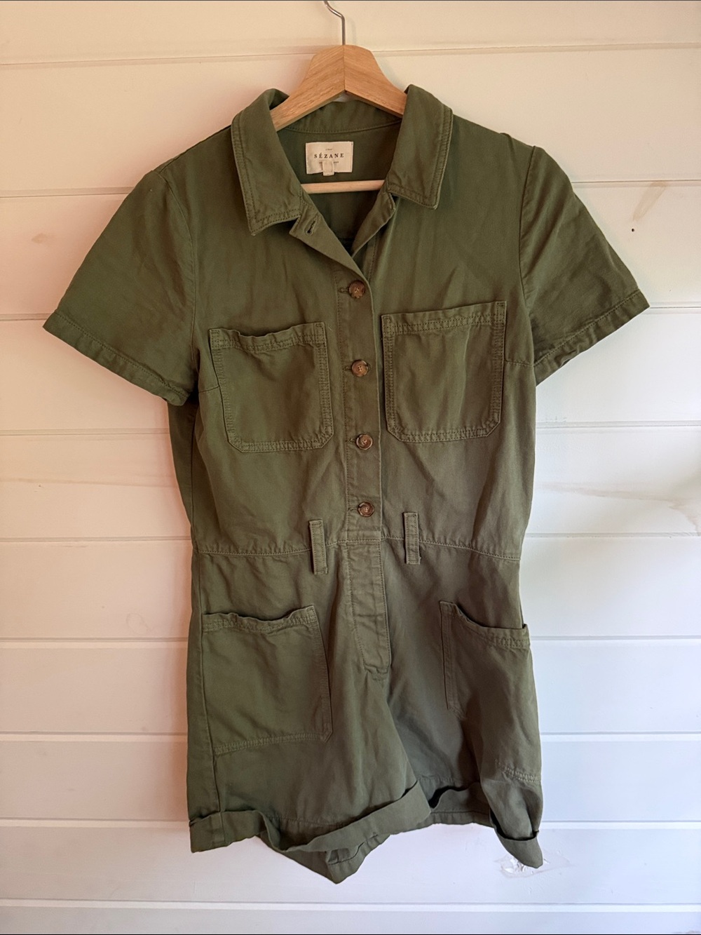 Sezane Olive Green Short Sleeve Utility Romper